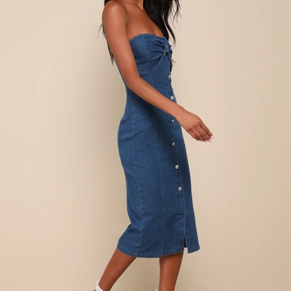 Lulus Utter Perfection Dark Wash Denim Strapless Bow Midi Dress - Picture 4 of 7